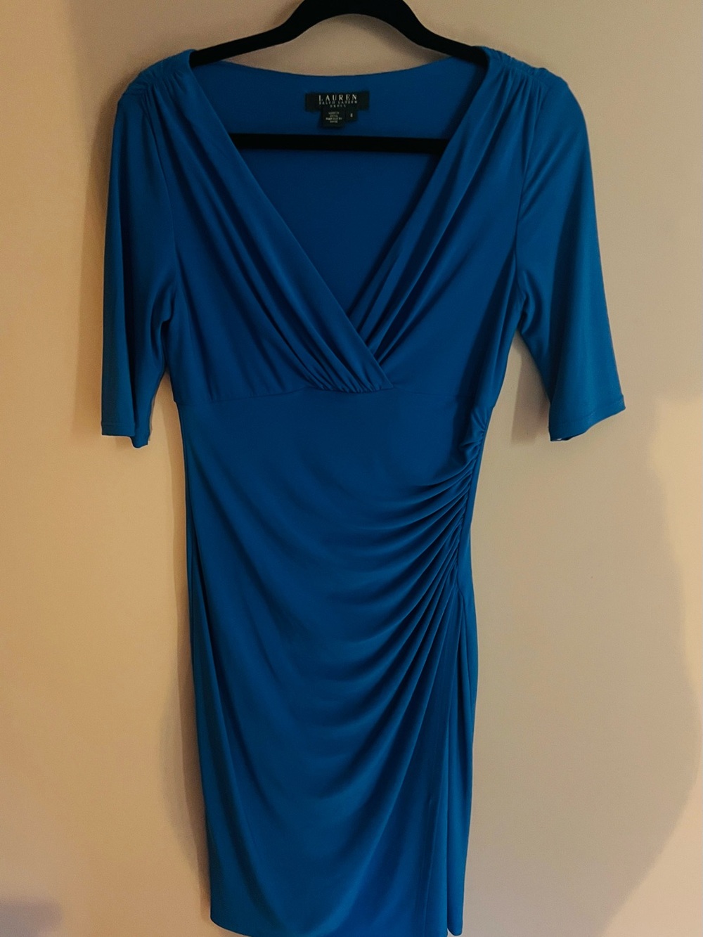 Lauren Ralph Lauren Blue Faux Wrap Ruched Midi Dress